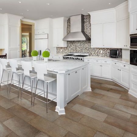stone countertops in a bright white kitchen